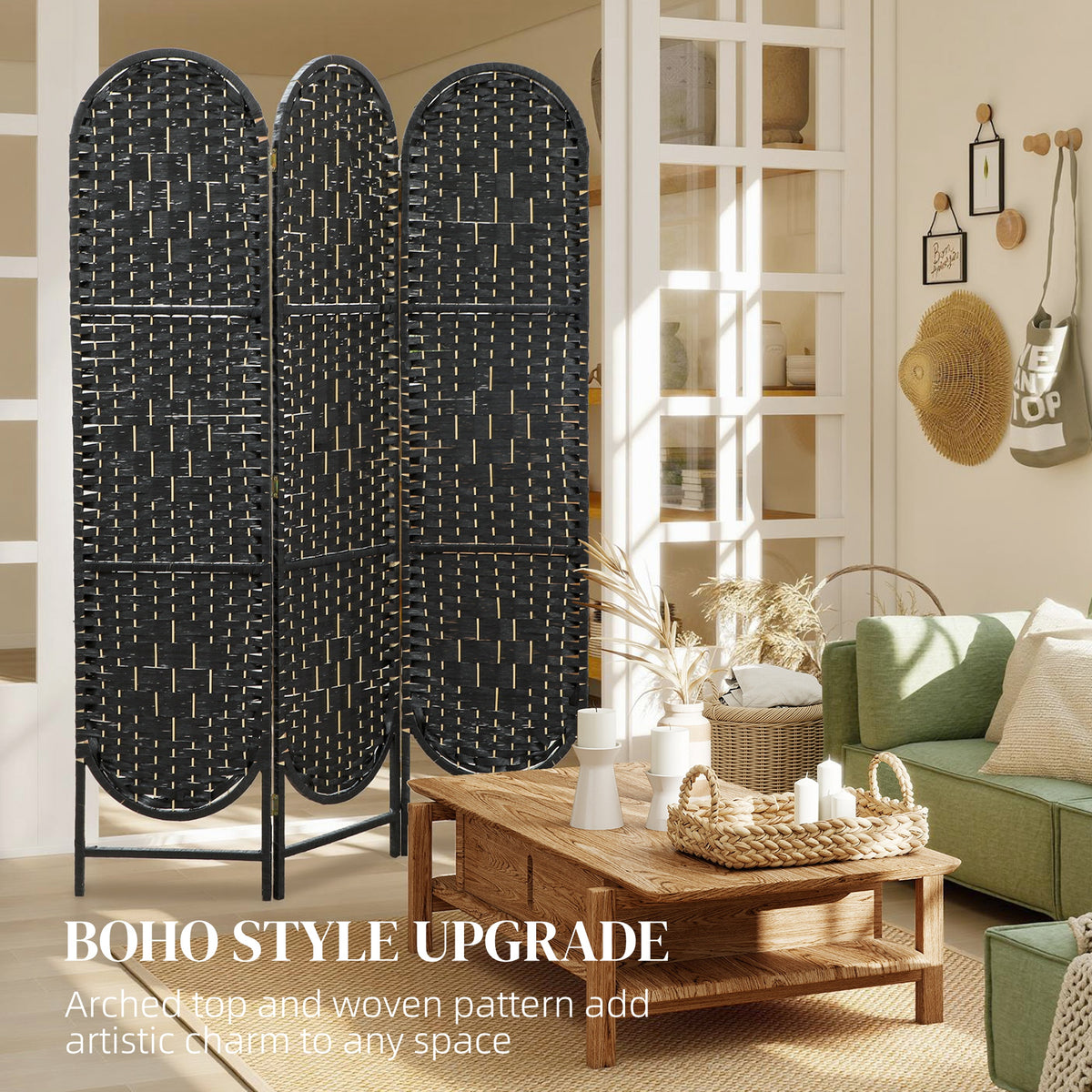 Bohemian Privacy Screen, Folding Room Divider with 4 Panels and Arched Top for Bedroom Living Room Office, Black