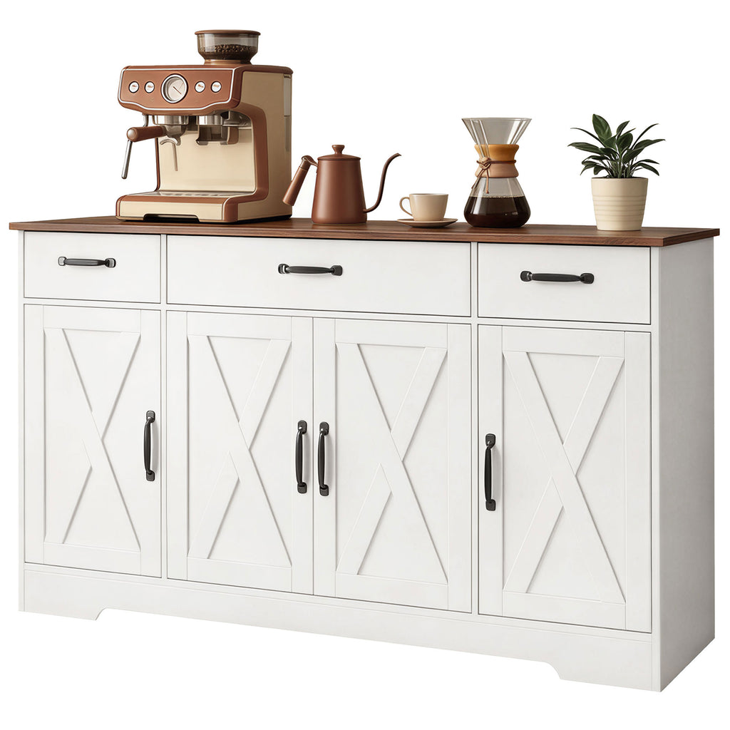 Sideboard Buffet Cabinet, 55" Farmhouse Kitchen Cabinet with 4 Barn Doors, 3 Drawers, 3 Adjustable Shelves, White