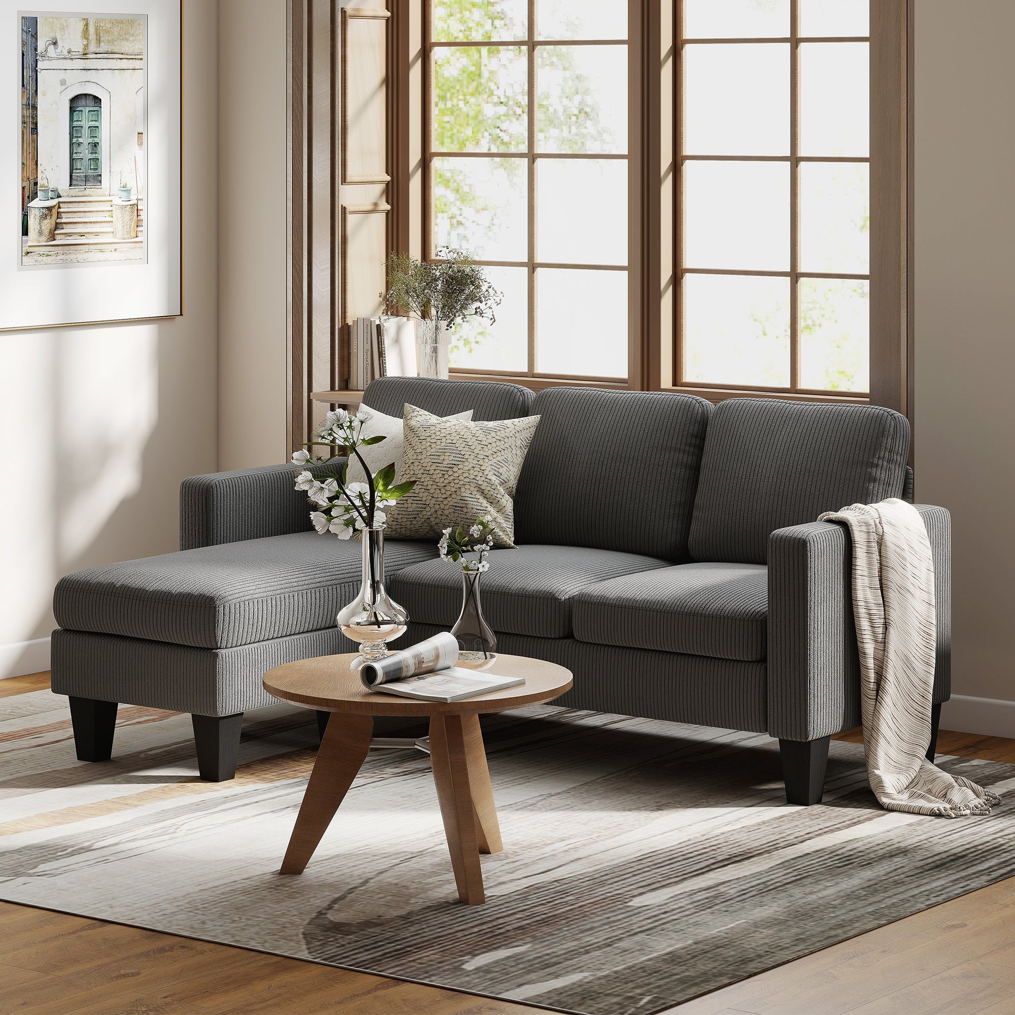 Sectional Sofa, L Shaped Couch, with Changeable Chaise or Ottoman, Dark Grey