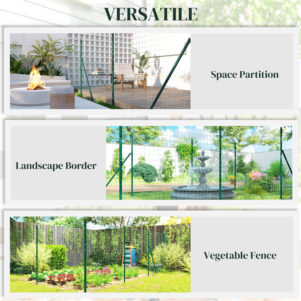 Garden Fence Barrier, Welded Fence Roll, Includes Posts & Support Braces, Green Plastic-Coated Steel