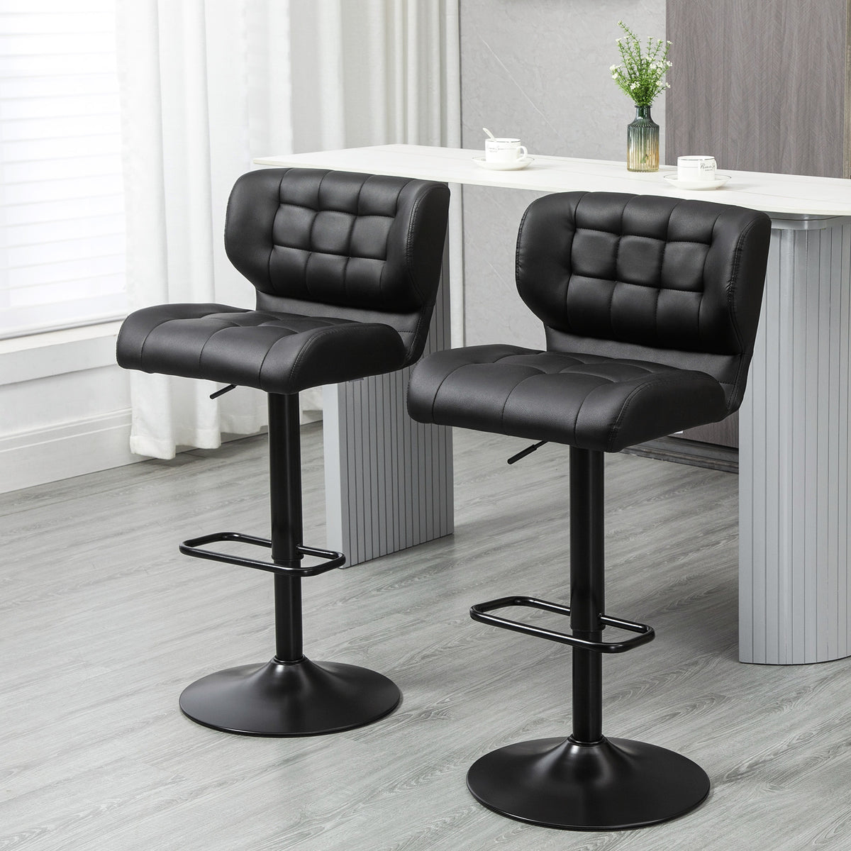 Swivel PU Leather Barstools Set of 2 Adjustable Bar Stools with Footrest Back for Kitchen Counter Dining Room Black