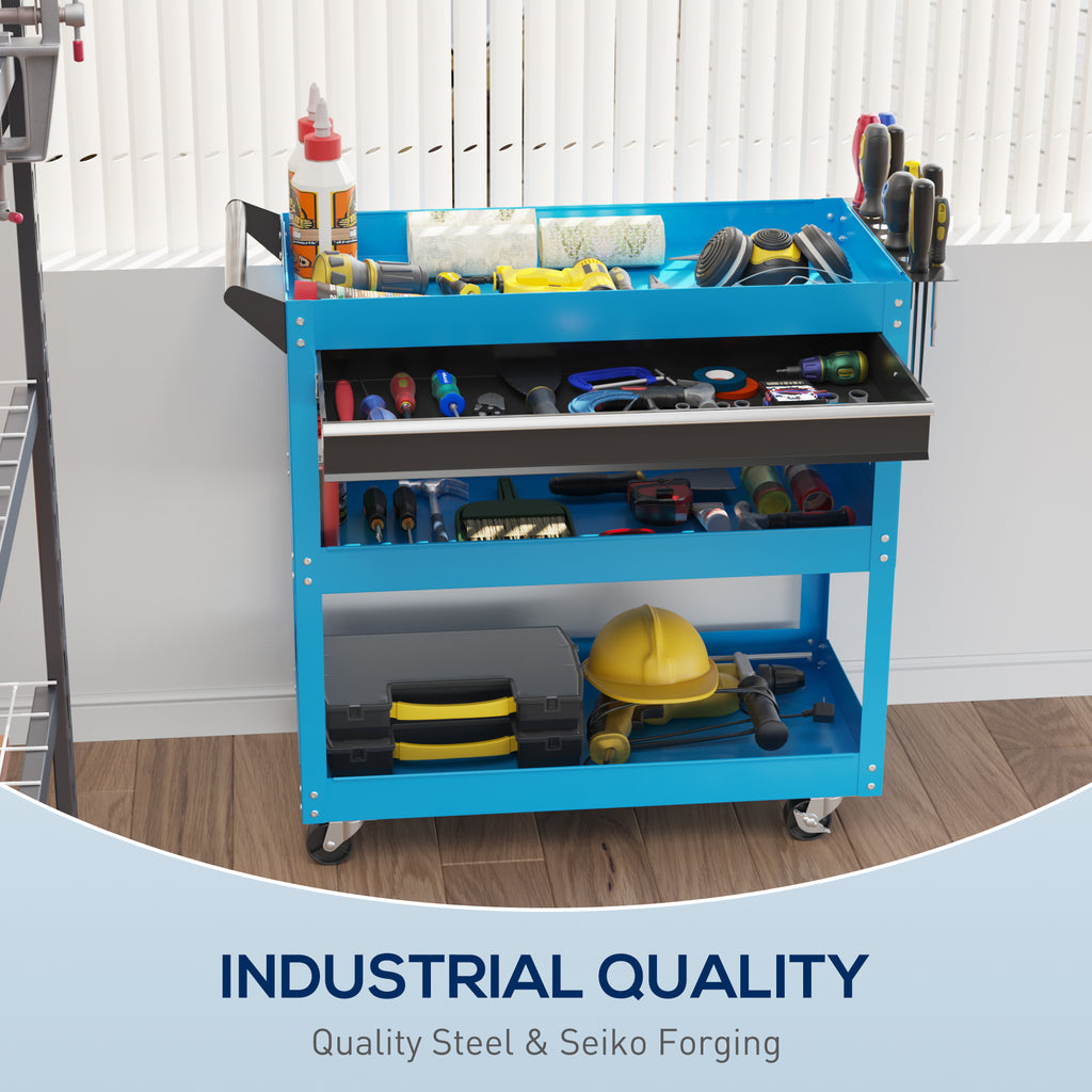 Tool Cart on Wheels, Utility Cart with Wheels, Ball Bearing Drawer, Storage Trays for Garage, Warehouse, Workshop, Blue