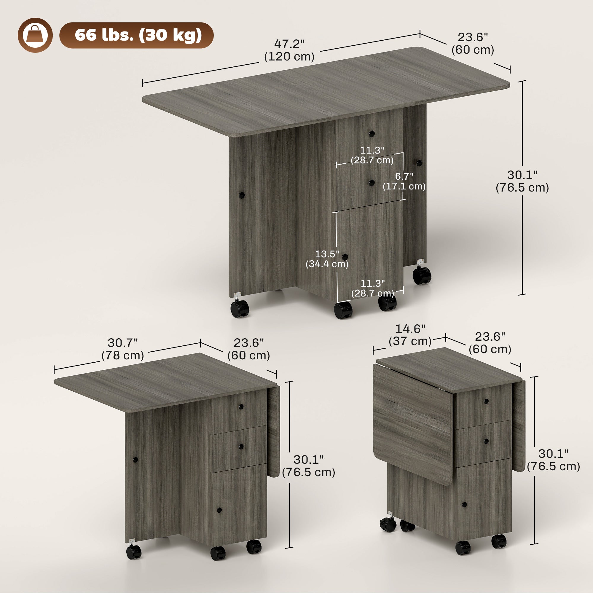 Foldable Dining Table, Rolling Kitchen Table with Storage Drawers and Cabinet, Drop Leaf Table on Wheels, Grey