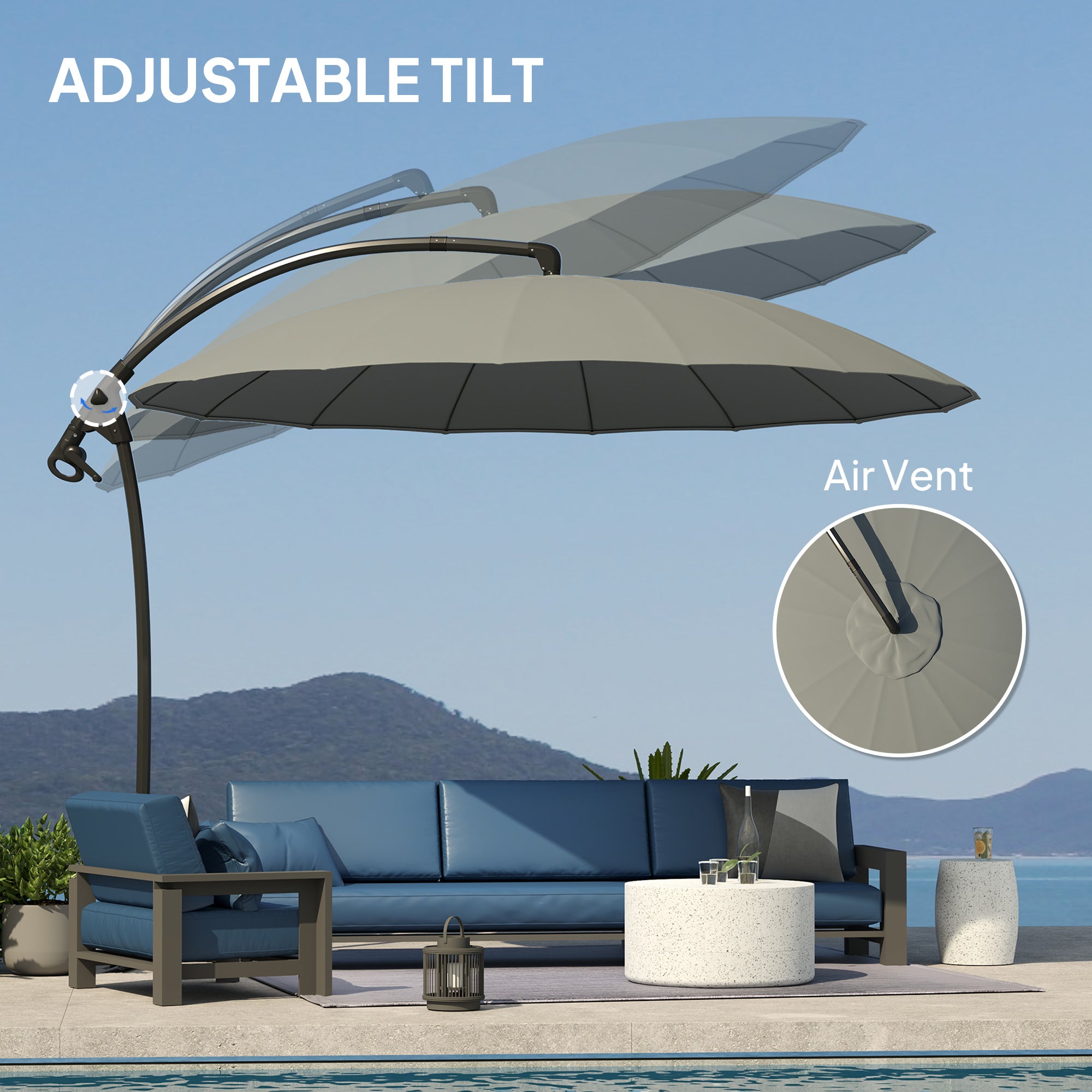 مظلة ناتئة 9 قدم مع 16 ضلعًا من الألياف الزجاجية، مظلة معلقة جانبية، مظلة فناء مع ذراع تدوير وقاعدة متصالبة، رمادي