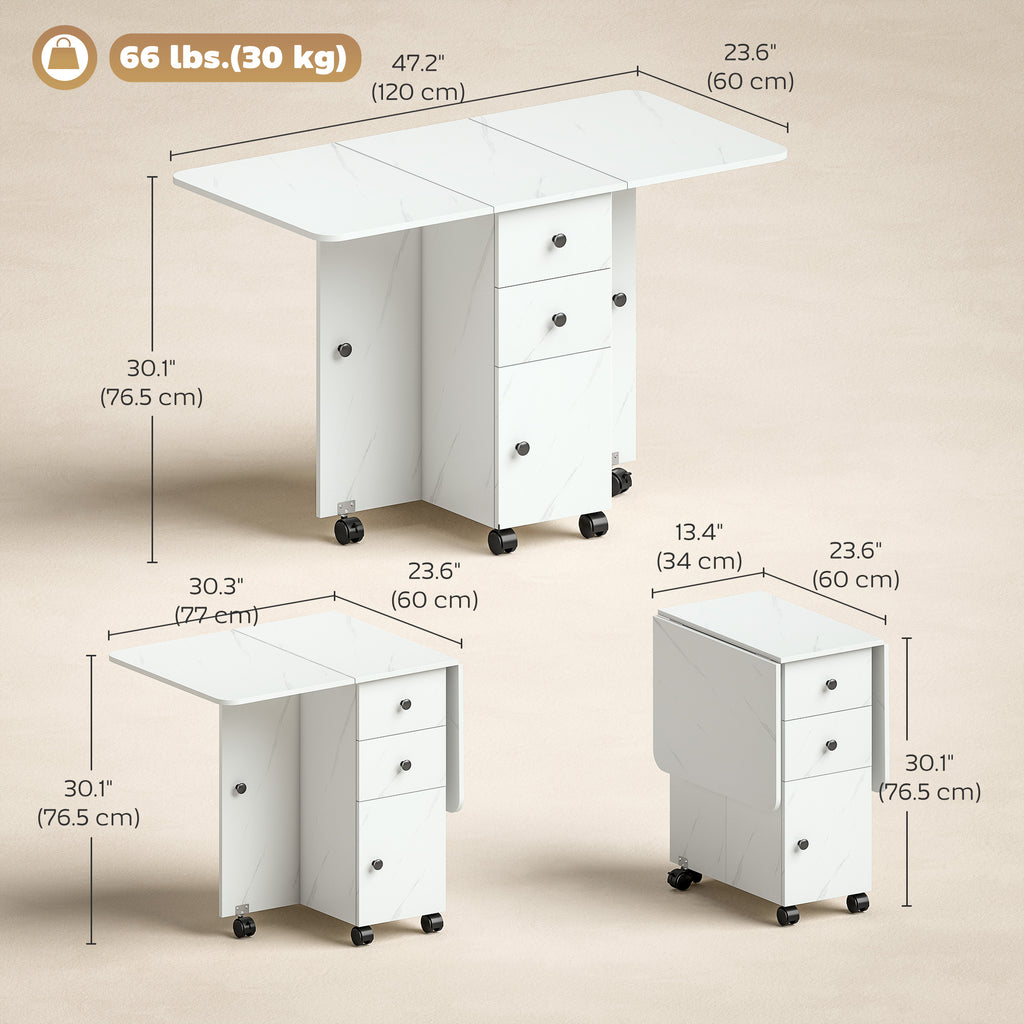 Drop Leaf Dining Table, Mobile Folding Table on Wheels with Drawers and Cabinet for Dining Room, Kitchen, Marble White