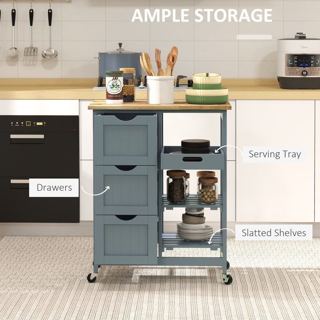 Kitchen Cart on Wheels, Rolling Kitchen Island Cart with Wood Top, 3 Drawers and Shelves for Home Dining Area