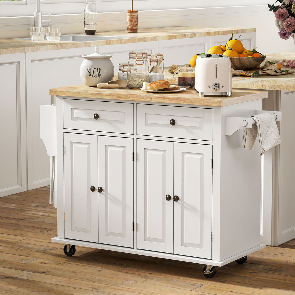 Kitchen Island with Storage, Rolling Trolley Cart with Rubber Wood Top, Spice Rack, Towel Rack, Grey