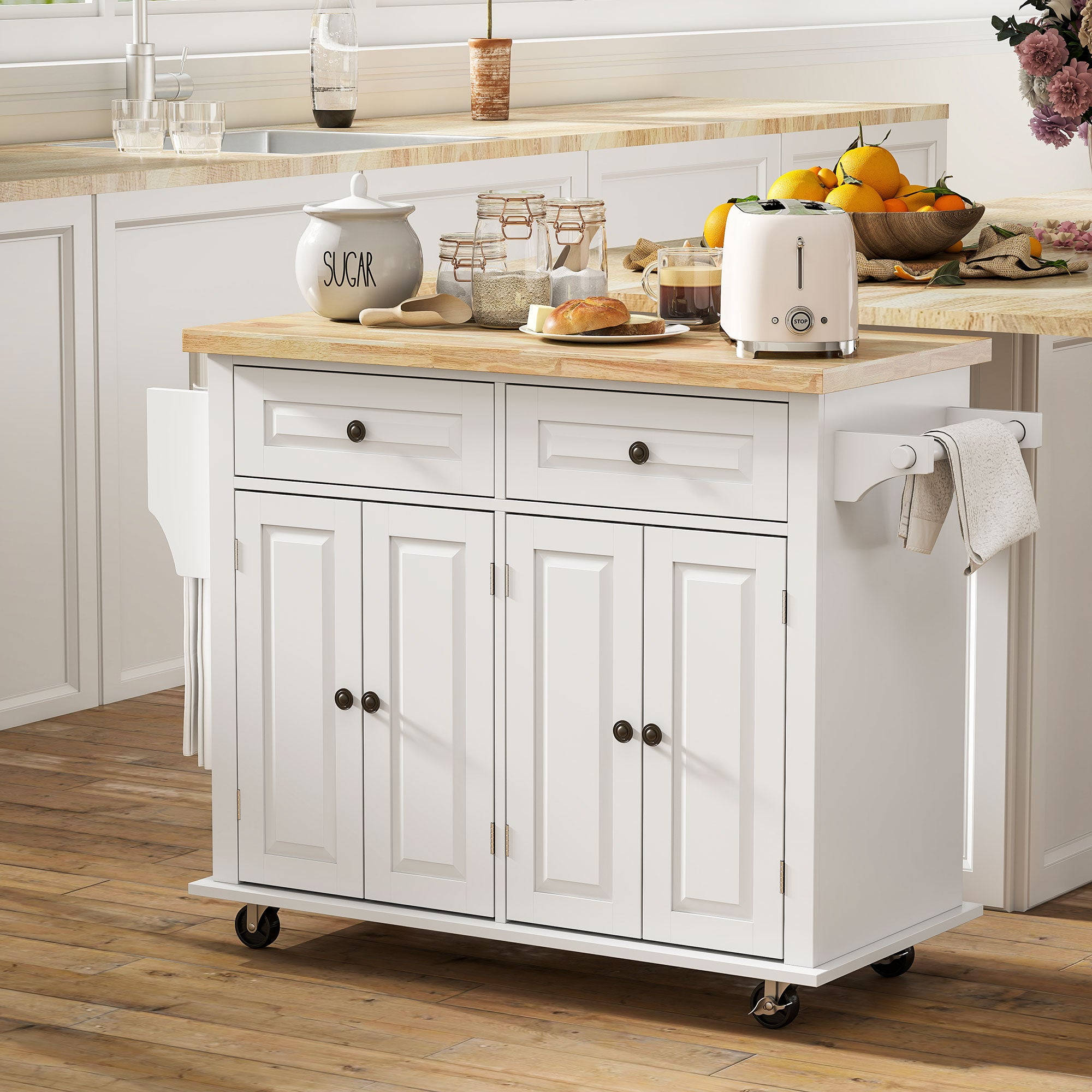 Kitchen Island with Storage, Rolling Trolley Cart with Rubber Wood Top, Spice Rack, Towel Rack, Grey