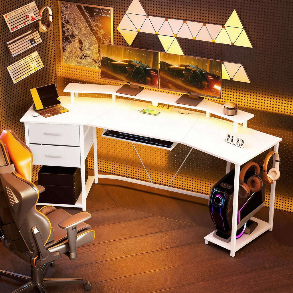 79 inch Gaming Desk with RGB Lights, Computer Table with Power Outlets & USB Ports, Keyboard Tray and 2 Drawers, Black
