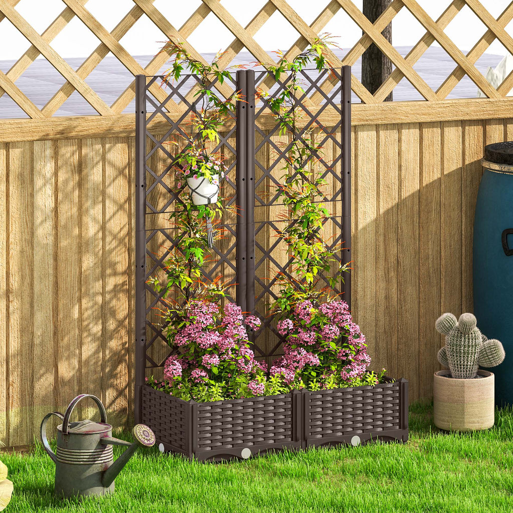Raised Garden Bed with Trellis, Plastic Raised Flower Bed with Drainage Holes and Drain Plugs, 16" x 16" x 48"
