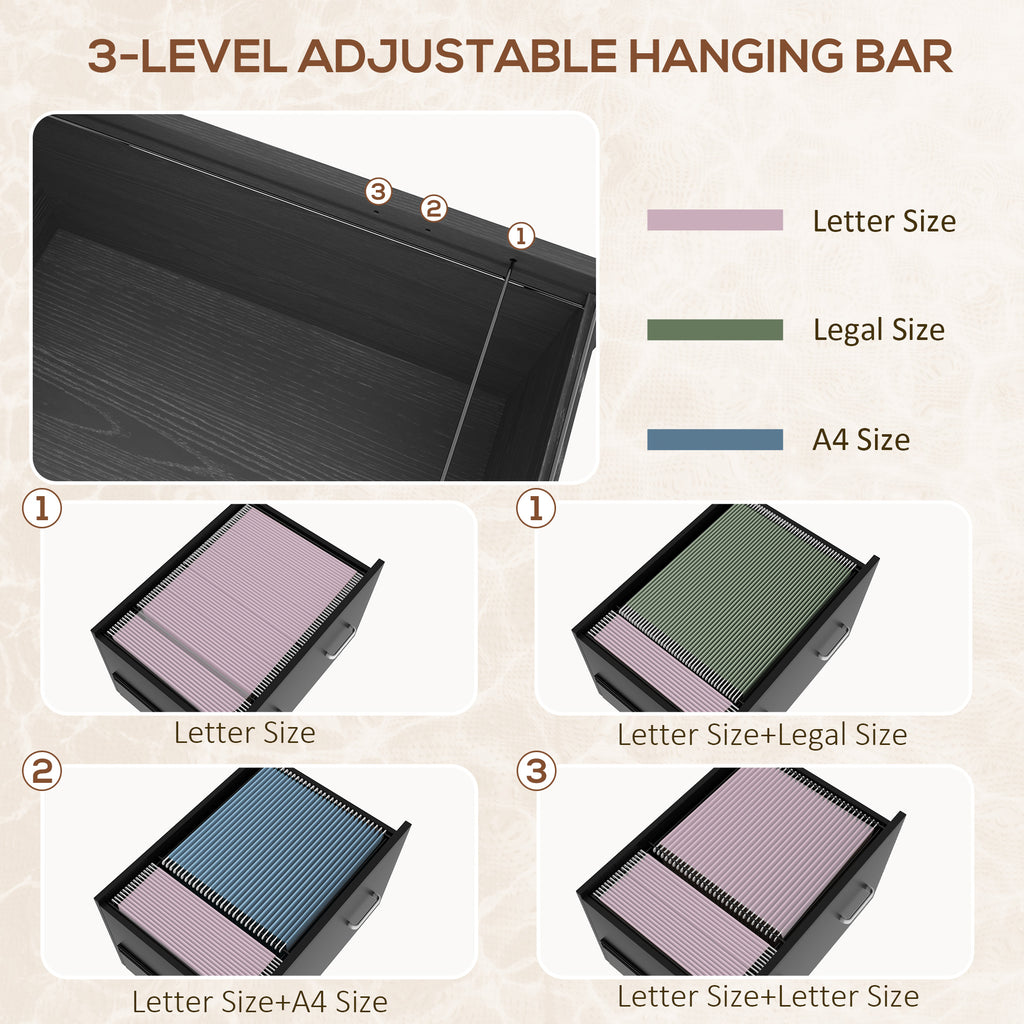 Mobile Filing Cabinet 2 Drawer File Cabinet with Key Adjustable Hanging Bar for Letter A4 and Legal Size Black