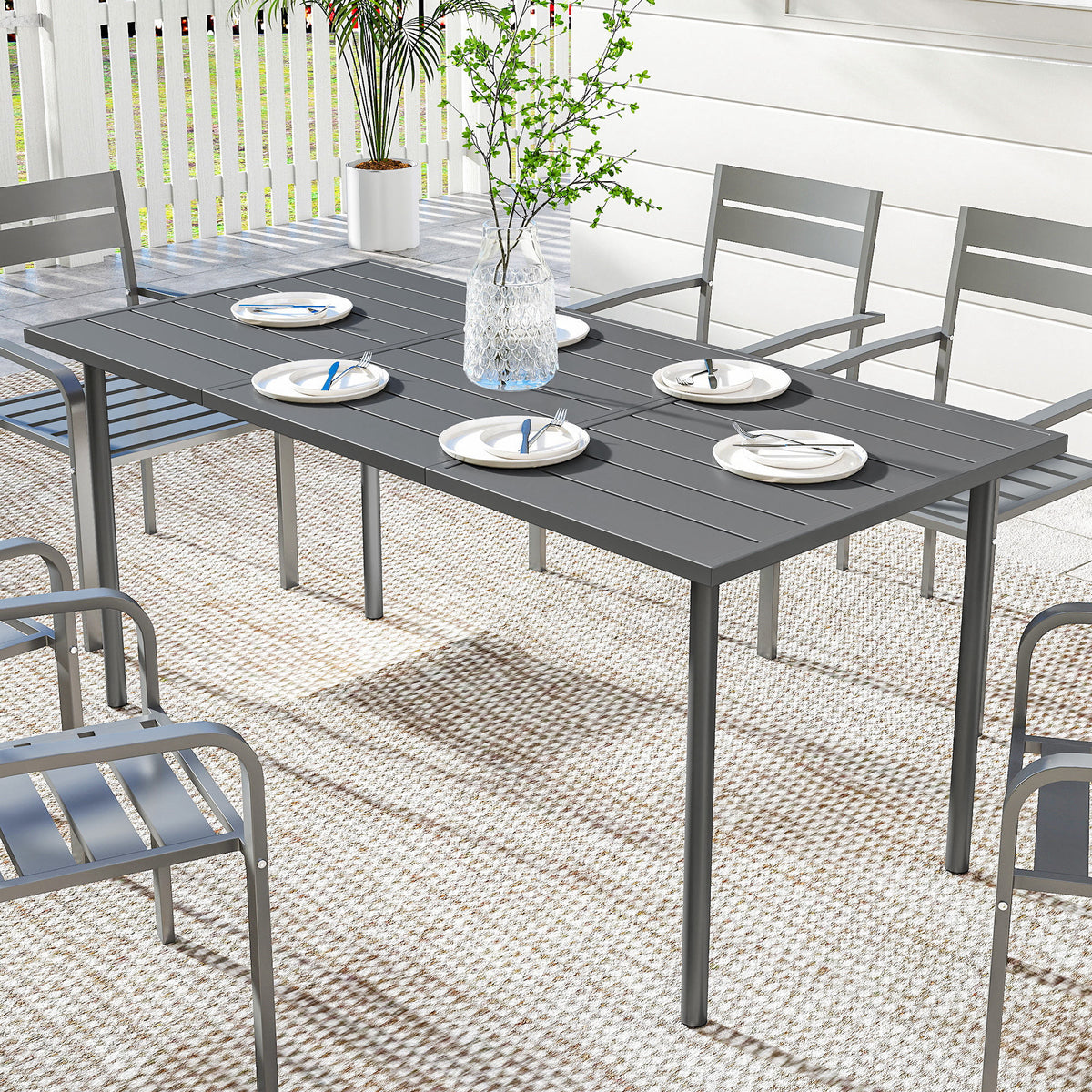 65" x 31.5" Outdoor Dining Table for 6, Metal Rectangular Patio Dining Table with Metal Slatted Top