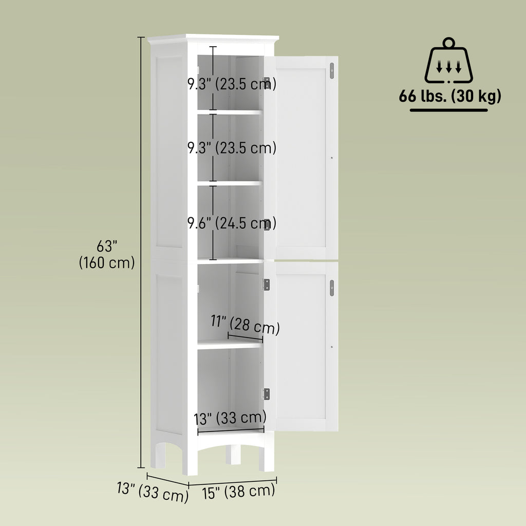 Tall Bathroom Cabinet, Freestanding Storage Organizer with Adjustable Shelves and Cupboards, 15" x 13" x 63", White