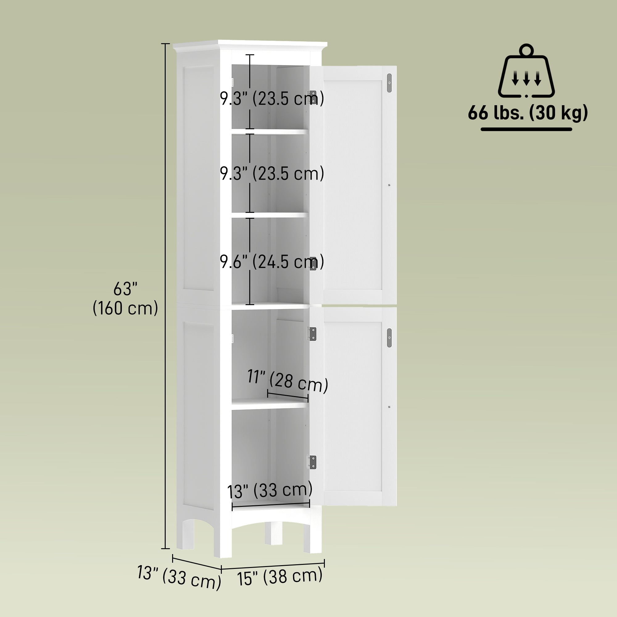 Tall Bathroom Cabinet, Freestanding Storage Organizer with Adjustable Shelves and Cupboards, 15" x 13" x 63", White