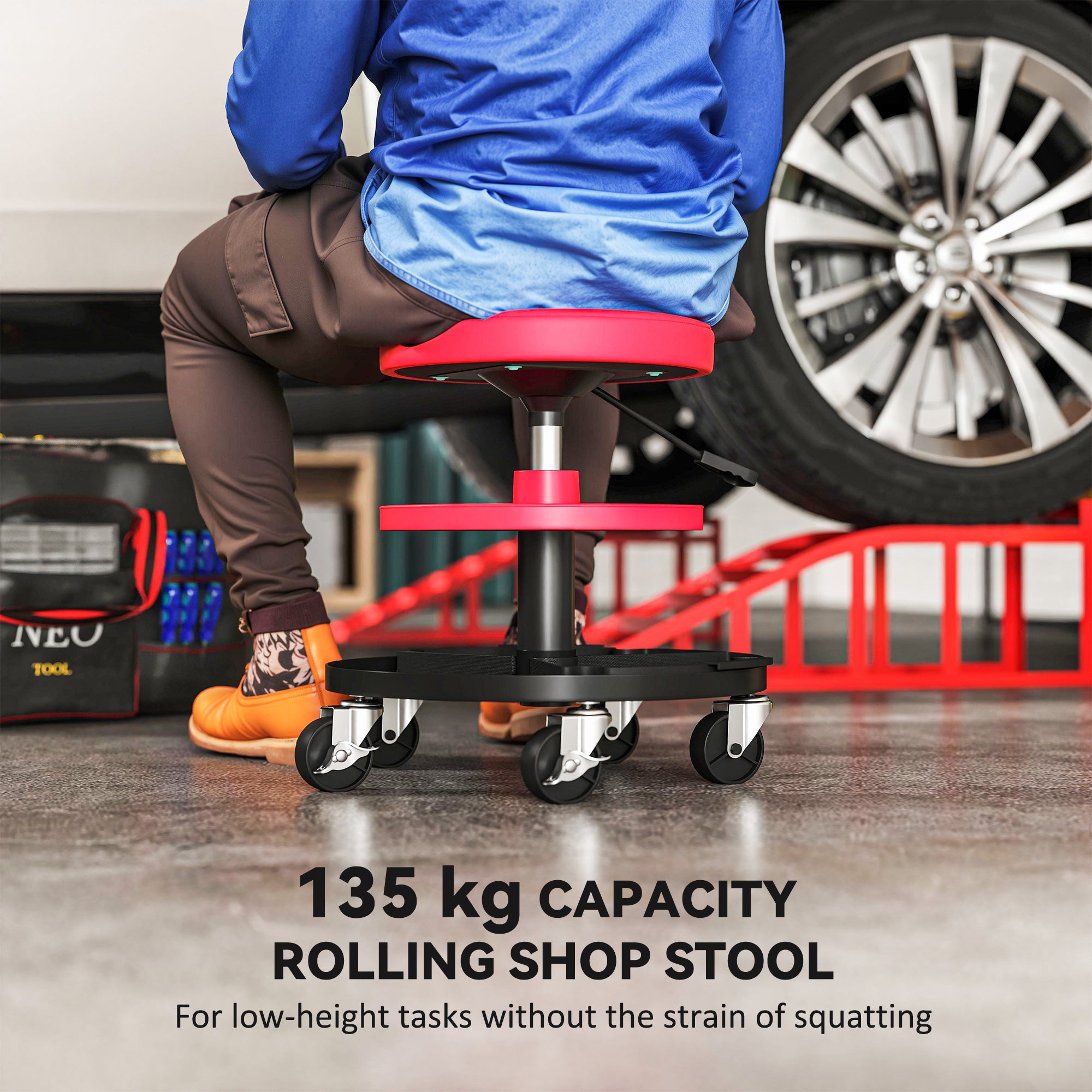 Rolling Garage Stool, 300 LBS Capacity Mechanic Stool with 2.5" Wheels, Tool Trays Storage, Adjustable Height, Red