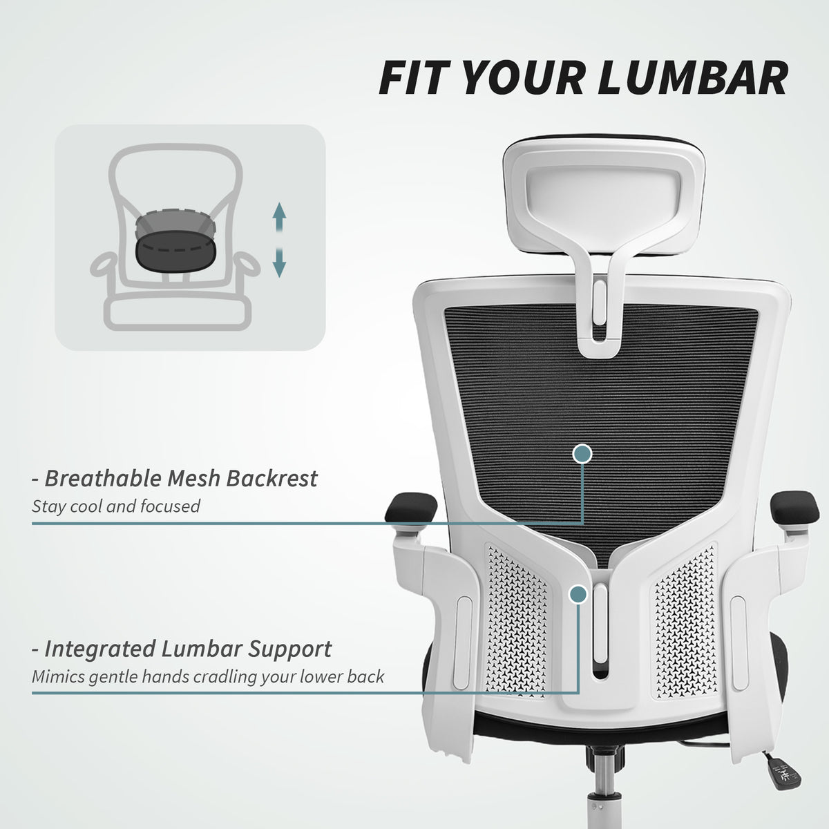 Ergonomic Office Chair, Swivel Desk Chair with Adjustable Lumbar Support, Headrest and Height, Flip-up Armrests, Grey