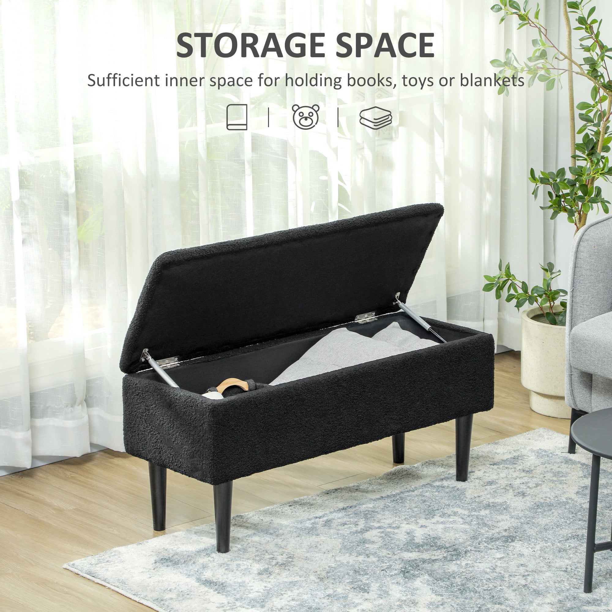 Modern Storage Bench, Ottoman with Storage and Lamb's Wool Upholstery for Living Room, Bedroom, Grey
