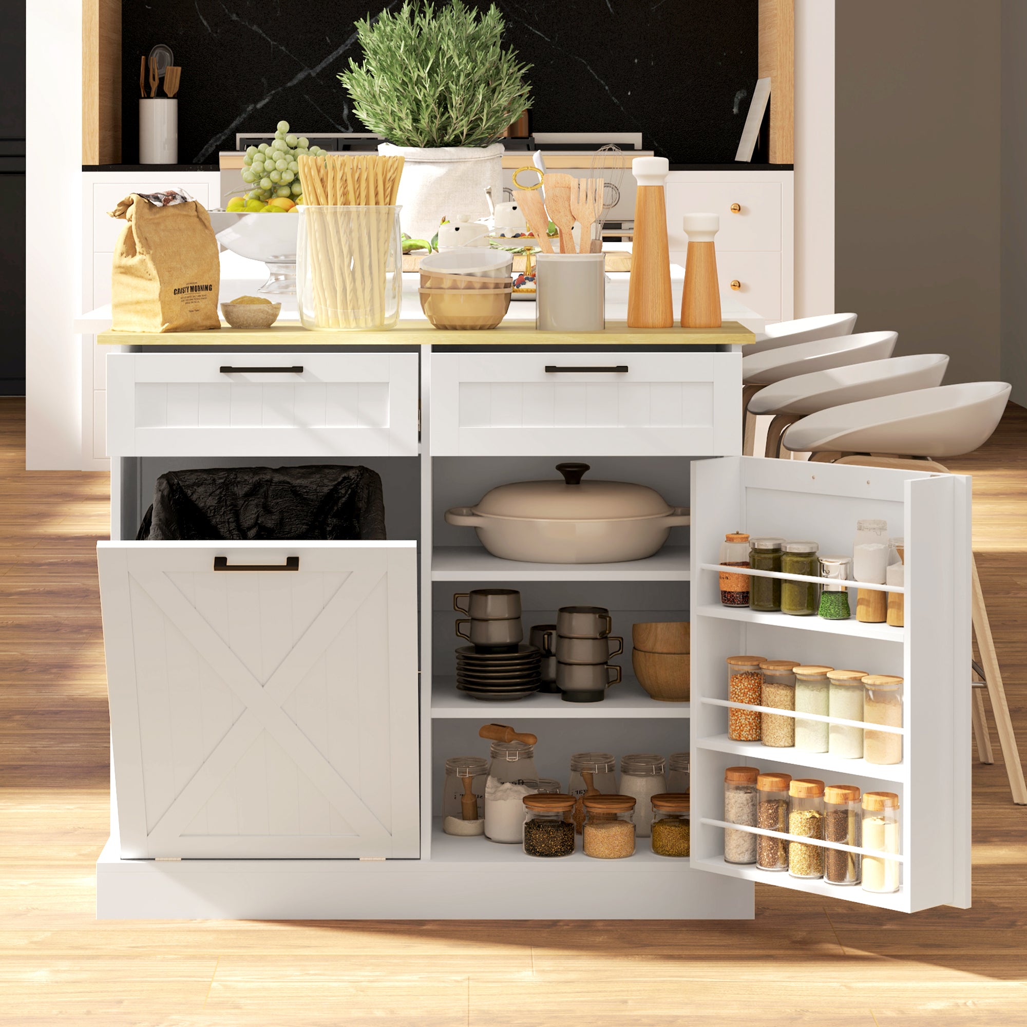 10 Gallon Hidden Garbage Bin Cabinet, Tilt Out Trash Cabinet w/ 2 Drawers, Freestanding Kitchen Island, Black