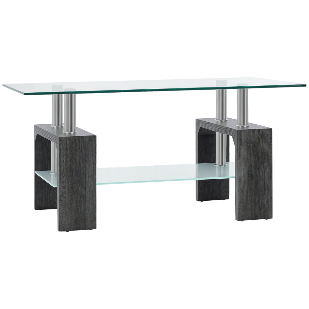 Rectangle Glass Coffee Table, 2-Tier Center Table with Tempered Glass Top and Storage Shelf for Living Room, Grey