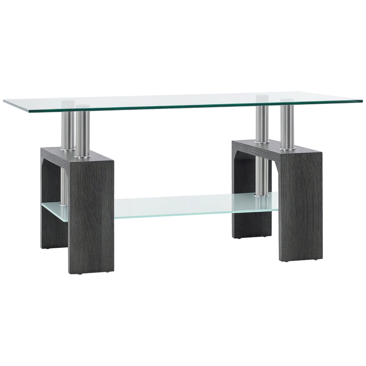 Rectangle Glass Coffee Table, 2-Tier Center Table with Tempered Glass Top and Storage Shelf for Living Room, Grey