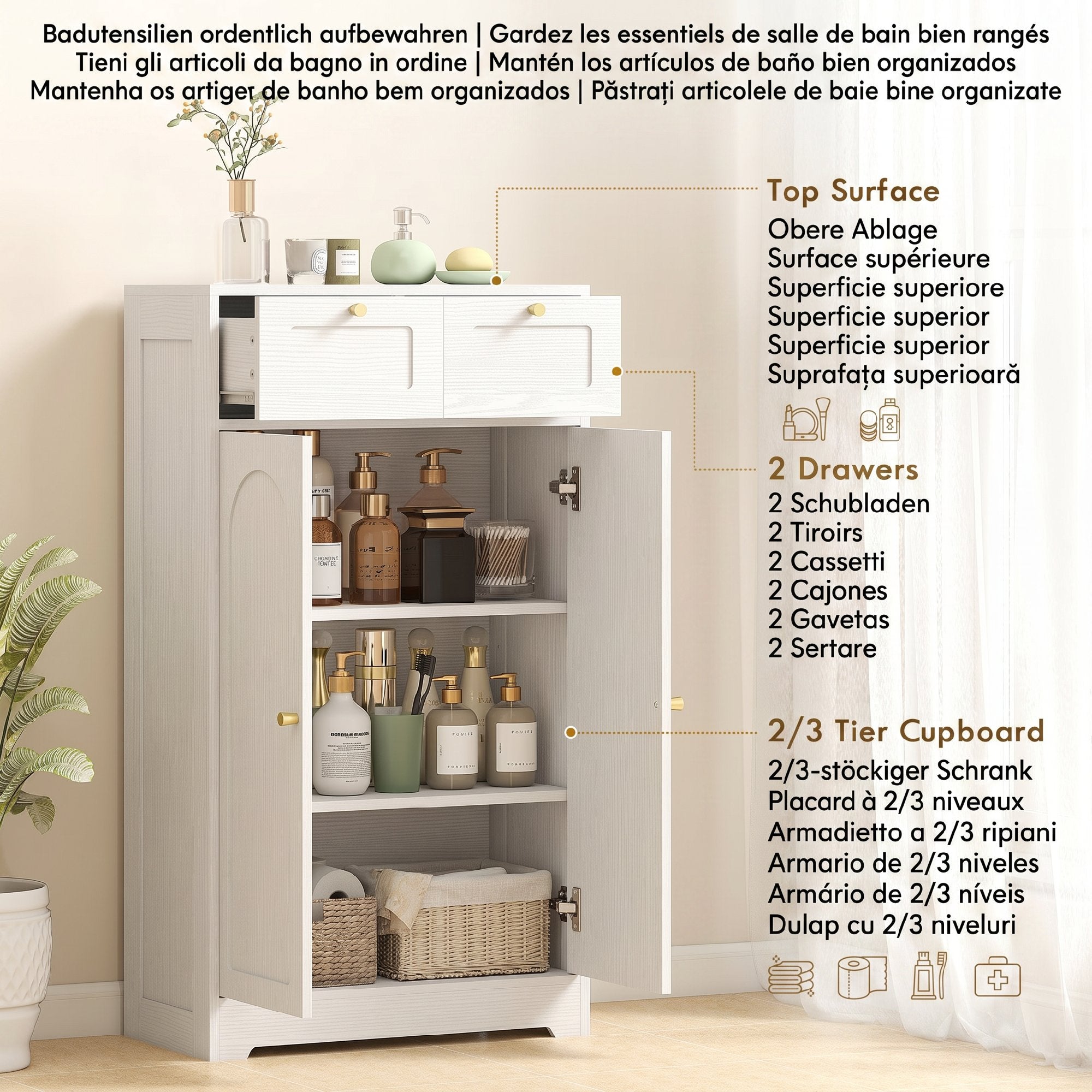 Bathroom Floor Cabinet with 2 Drawers - White