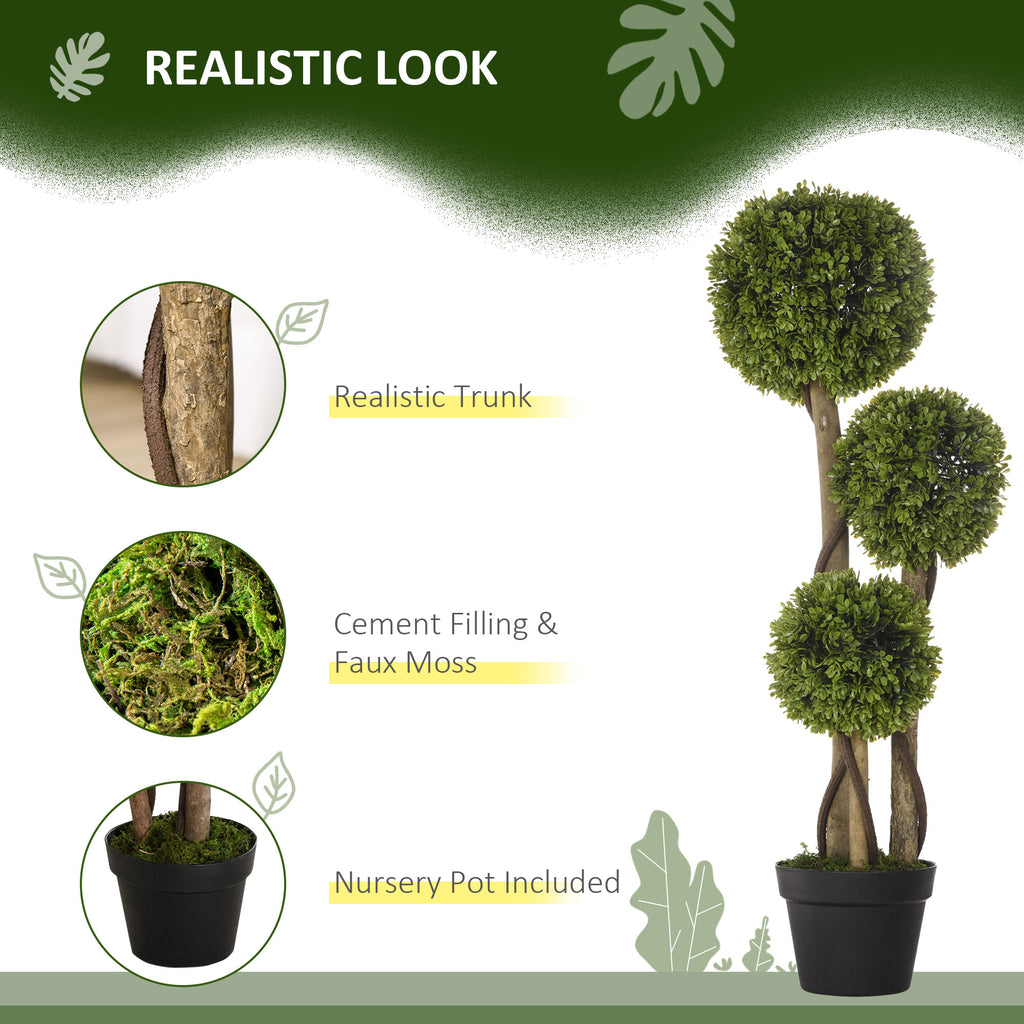 35 Inch Potted Fake Plant, Artificial Boxwood Topiary Tree, Triple Ball Tree for Indoor and Outdoor, Green