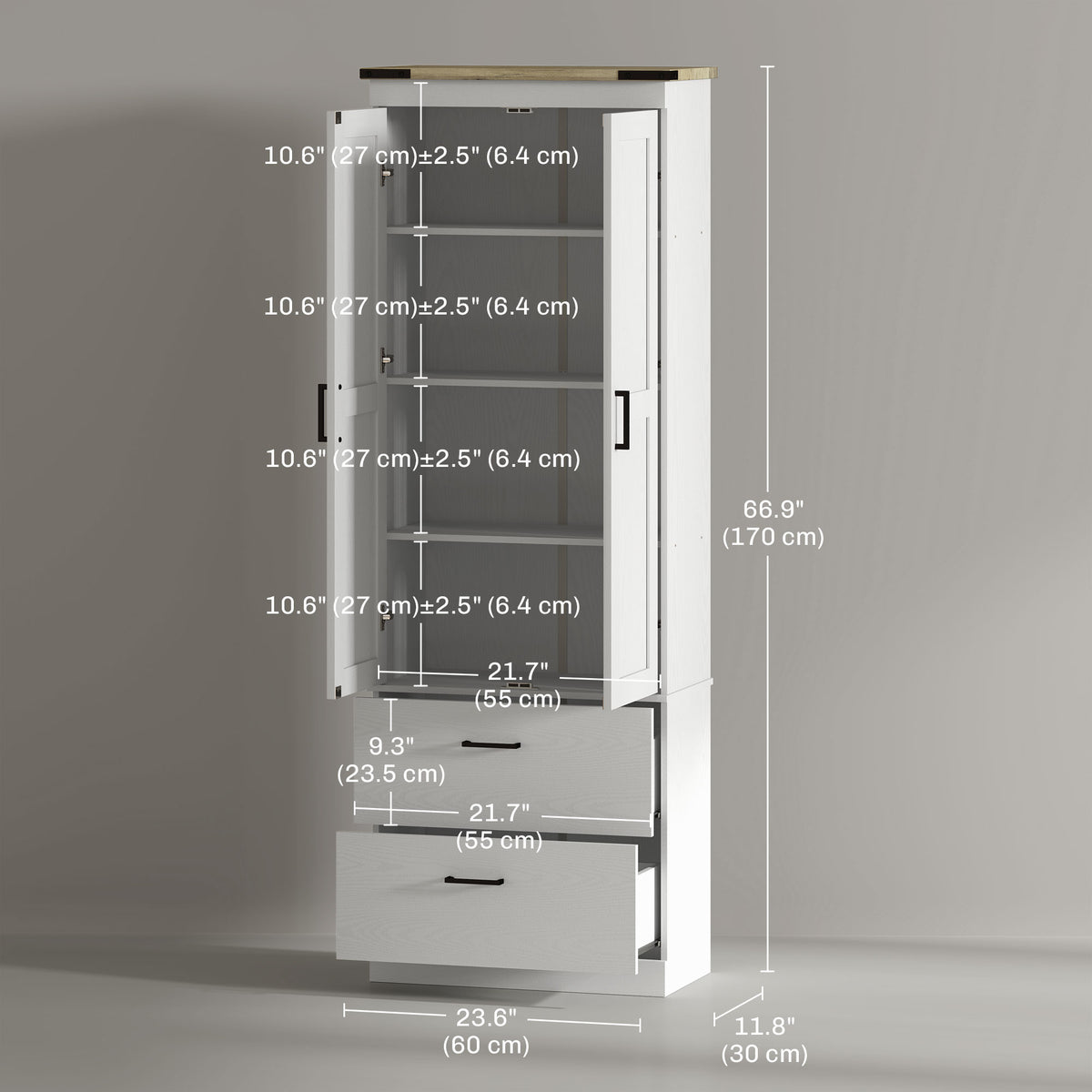 67" Tall Kitchen Pantry Storage Cabinet, Kitchen Pantry Cabinet with Doors, Drawers and Adjustable Shelves, Cream White