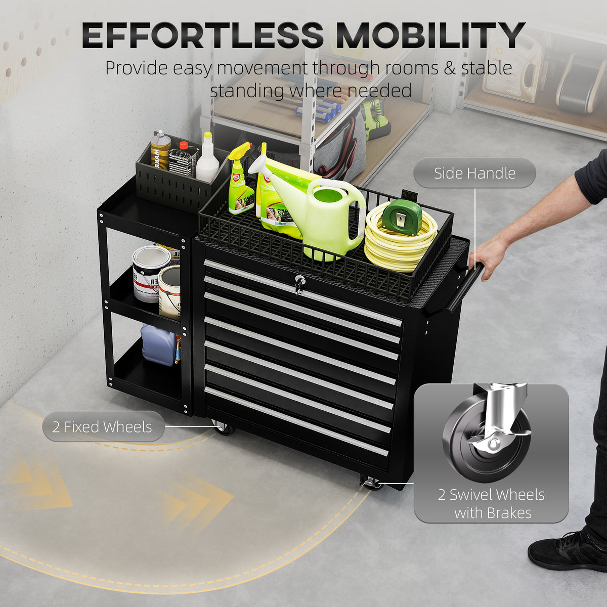 7-Drawer Rolling Tool Chest with Detachable Side Shelf, Lockable Tool Cabinet Box Organizer with Wheels, Black