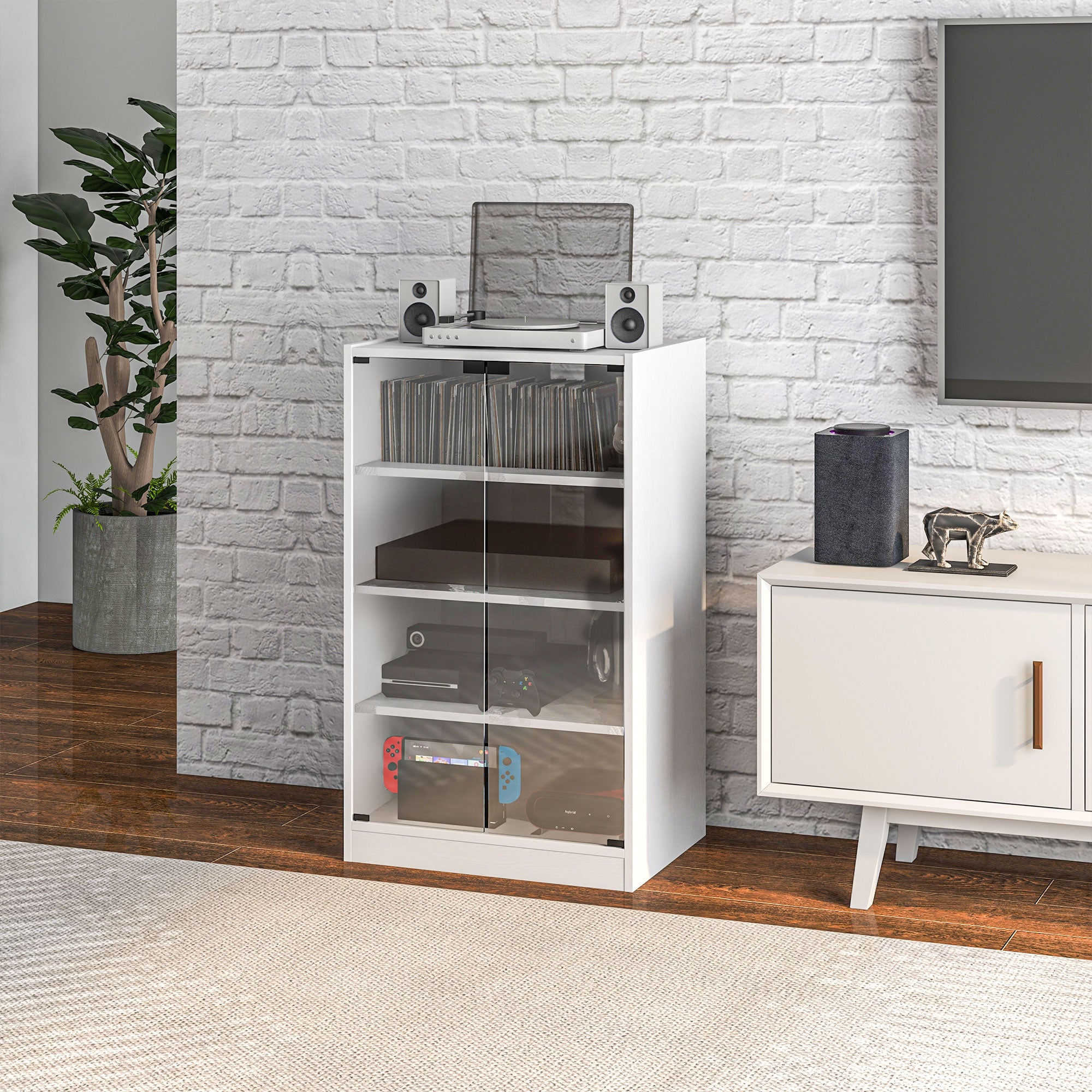 5-Tier Media Cabinet, Media Stand with Adjustable Shelves, Tempered Glass Doors, and Cable Management, Distressed White