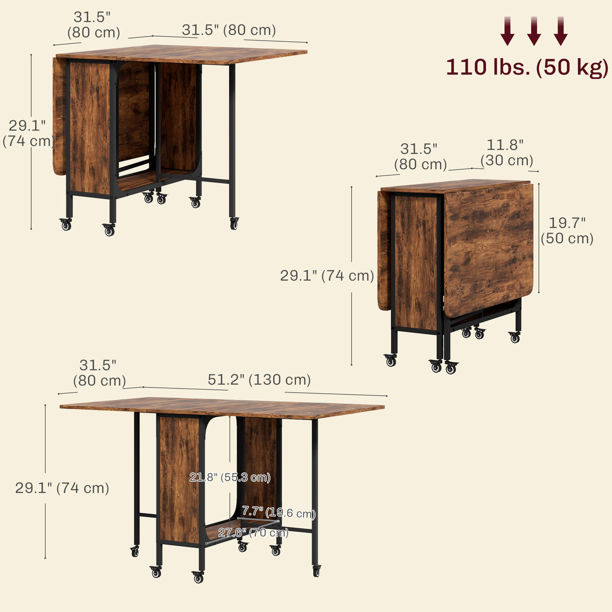 Folding Dining Table, Extendable Kitchen Table for Small Spaces with Storage Shelf and 6 Wheels, Rustic Brown
