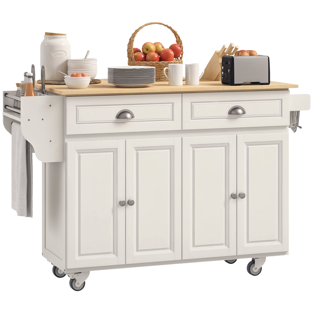 Kitchen Island with Storage, Rolling Kitchen Island with Drop Leaf, Rubber Wood Top and Adjustable Shelves, Cream White