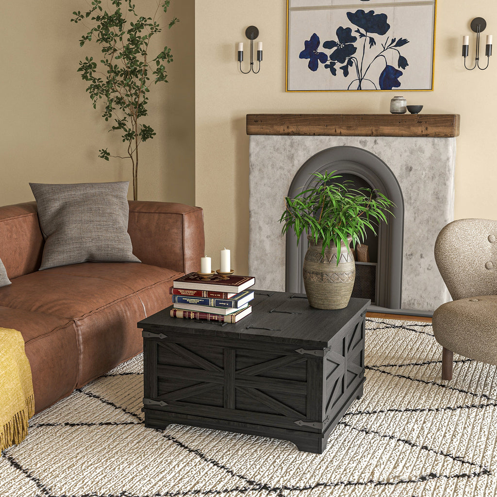 Farmhouse Coffee Table, Square Center Table with Flip-top Lids, Hidden Storage Compartment, Black