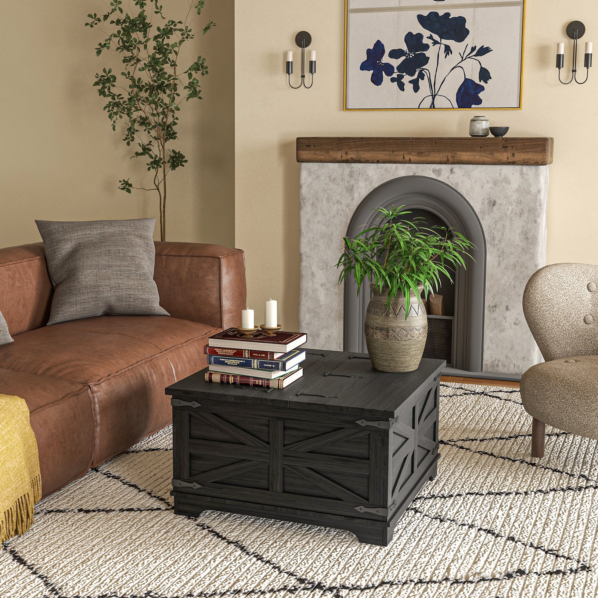 Farmhouse Coffee Table, Square Center Table with Flip-top Lids, Hidden Storage Compartment, Black