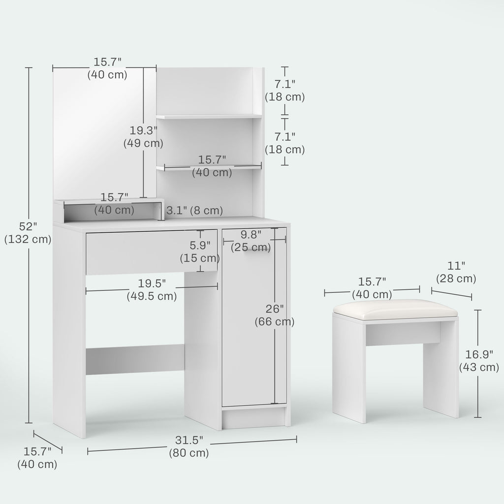 Vanity Set with Mirror and Stool, Makeup Vanity Table with Storage Drawer, Cabinet, Adjustable Shelf for Bedroom, White