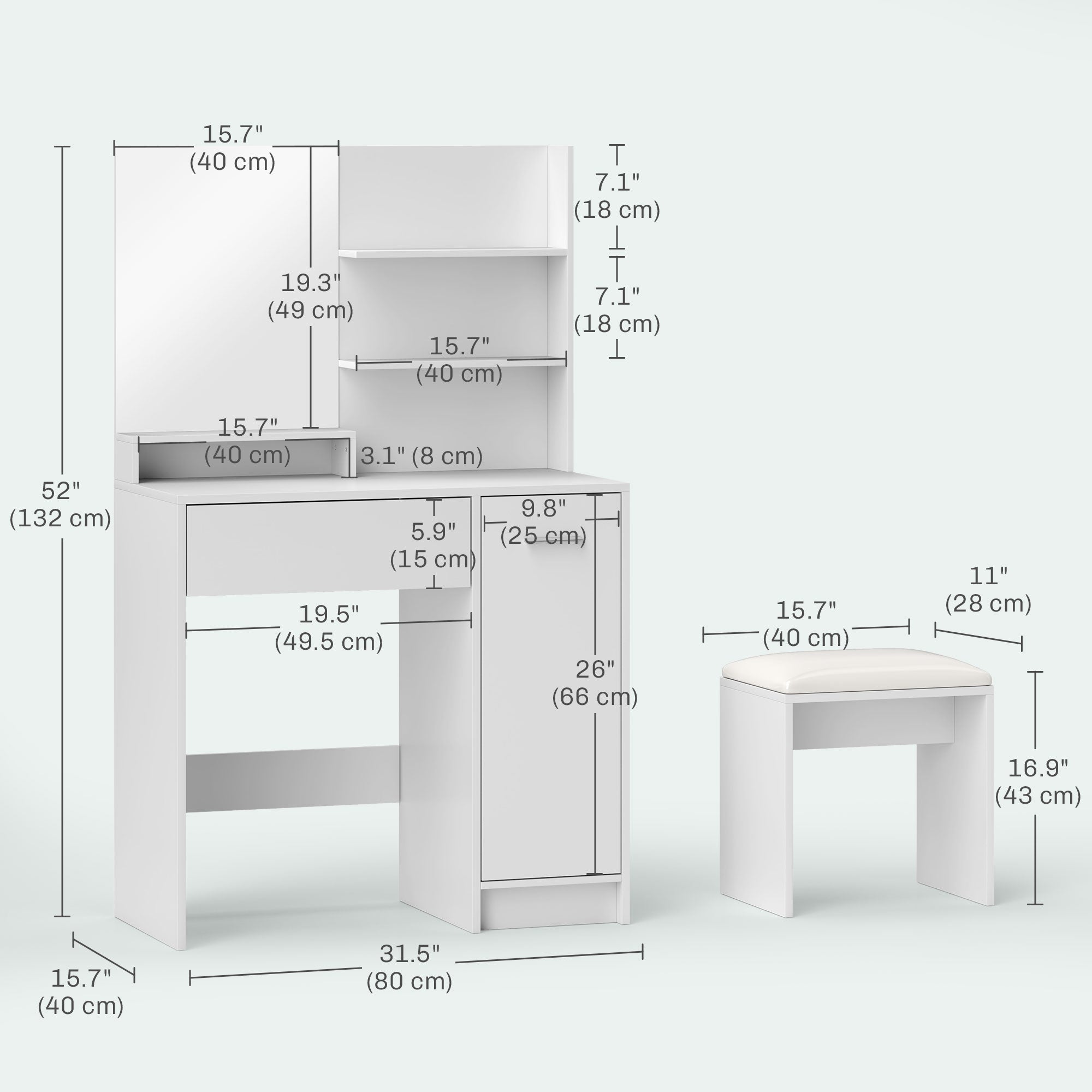 Vanity Set with Mirror and Stool, Makeup Vanity Table with Storage Drawer, Cabinet, Adjustable Shelf for Bedroom, White