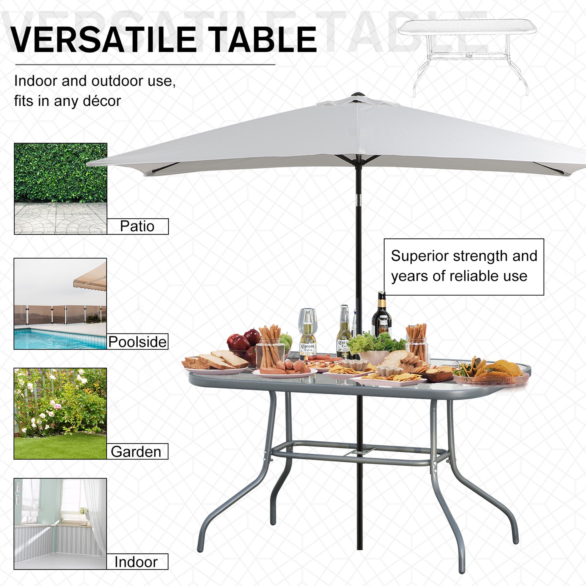 Metal Garden Dining Table with Umbrella Hole, Outdoor Patio Table with Tempered Glass Top, 47.25" x 31.5"
