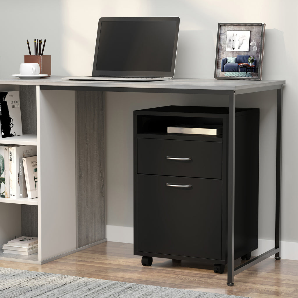 24" Small Filing Cabinet with Open Compartment, Drawer and Wheels, Home Office Storage Cabinet, Black