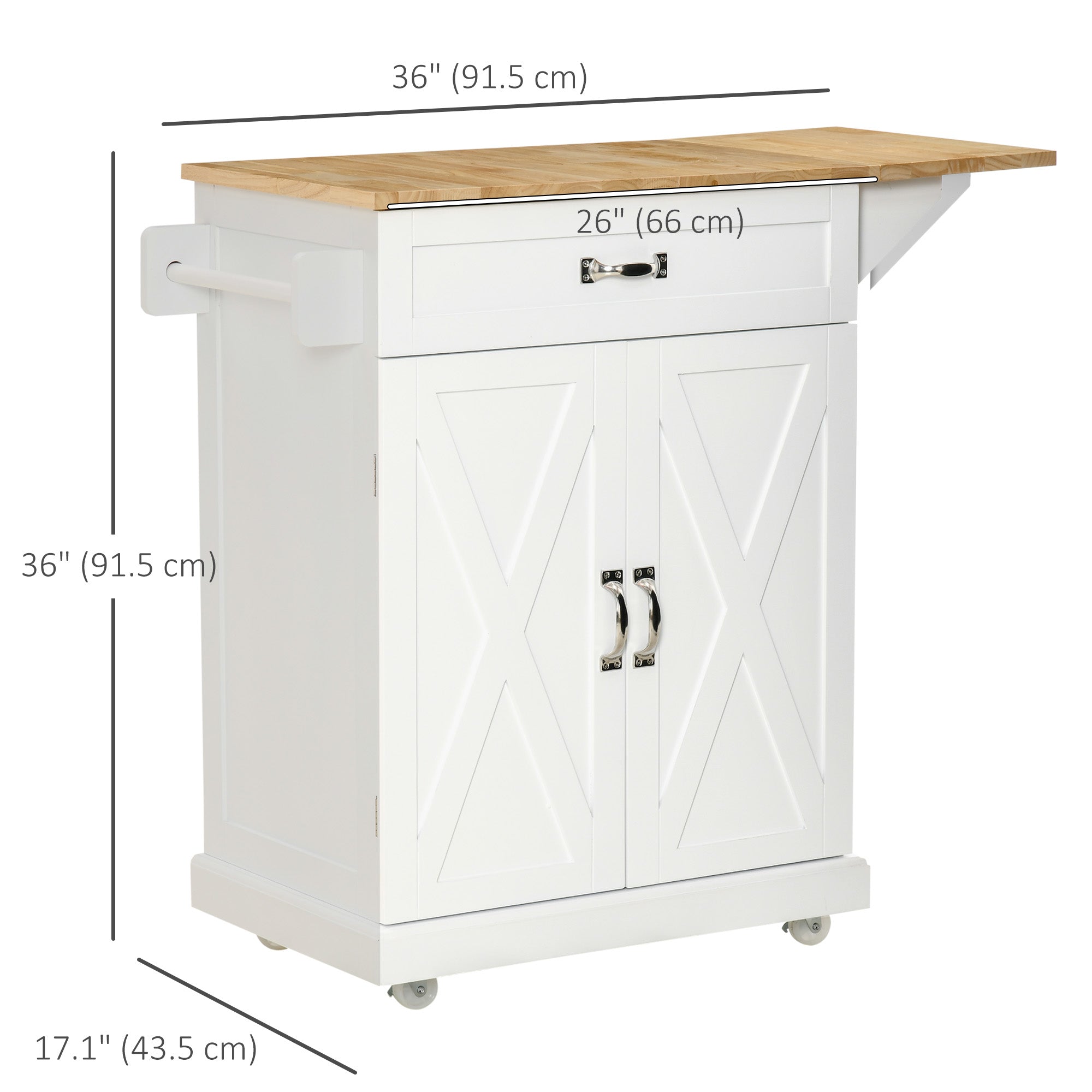 Foldable Kitchen Island with Storage Drawer, Farmhouse Style Rolling Utility Cart, Coffee Bar Cabinet on Wheels with Drop-Leaf Wood Top, White