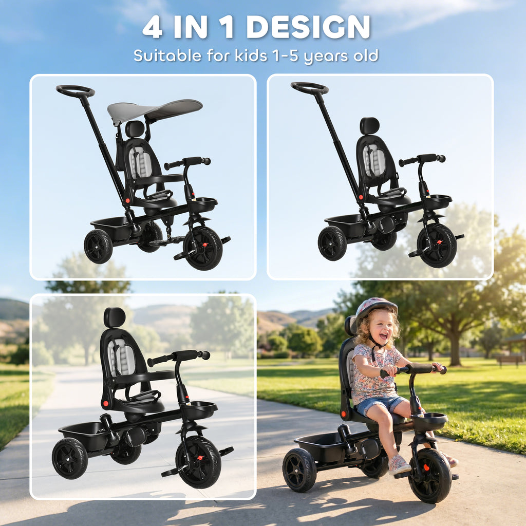 Qaba Tricycle for Toddler 5 in 1 Kids Trike, Converts Stroller to Toddler Bike, Adjustable Backrest & Flat Canopy, Detachable Guardrail & Handle for 1-5 Years Old, Grey