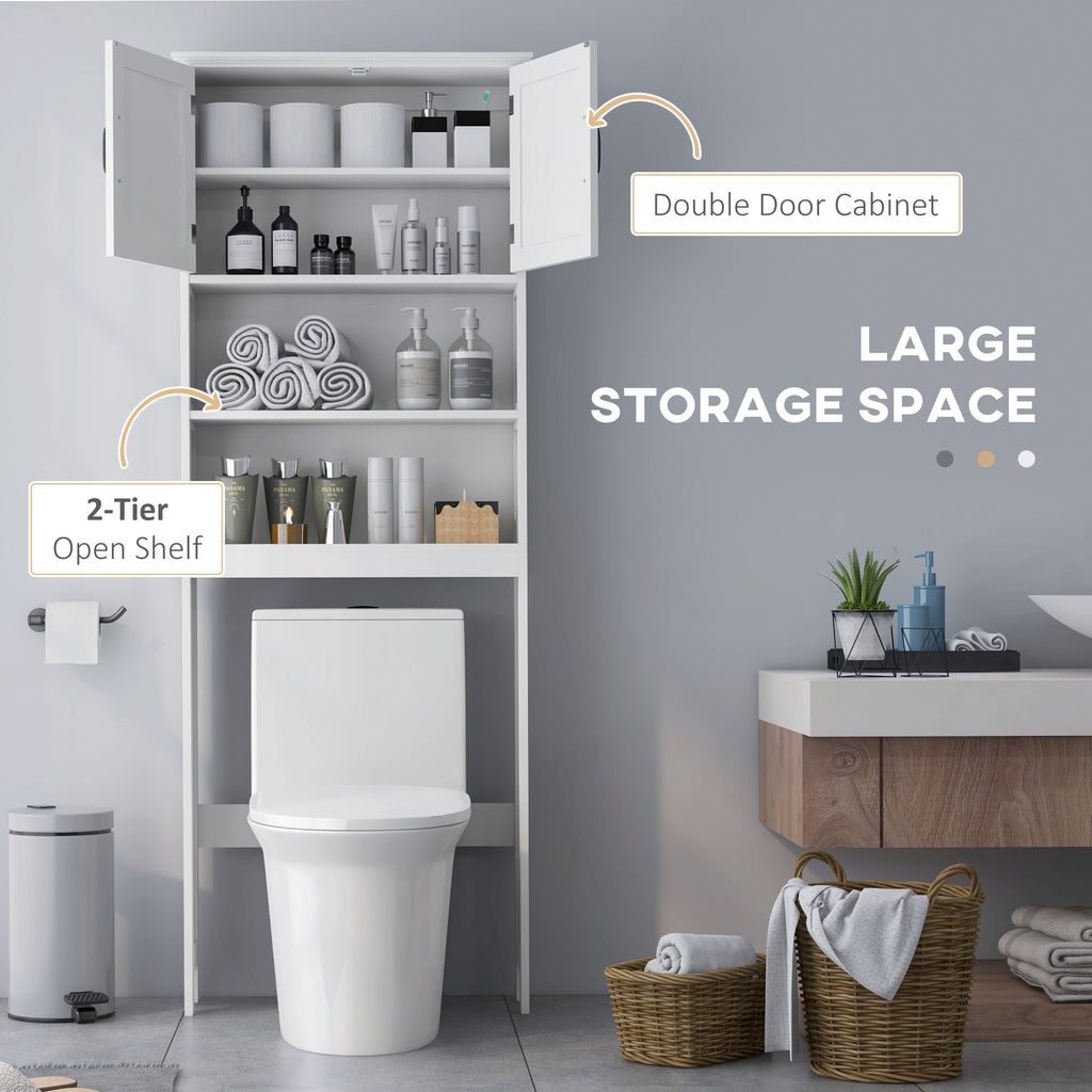 Modern Over The Toilet Storage, Bathroom Cabinets Over Toilet with Open Shelves and Double Door Cabinet, White