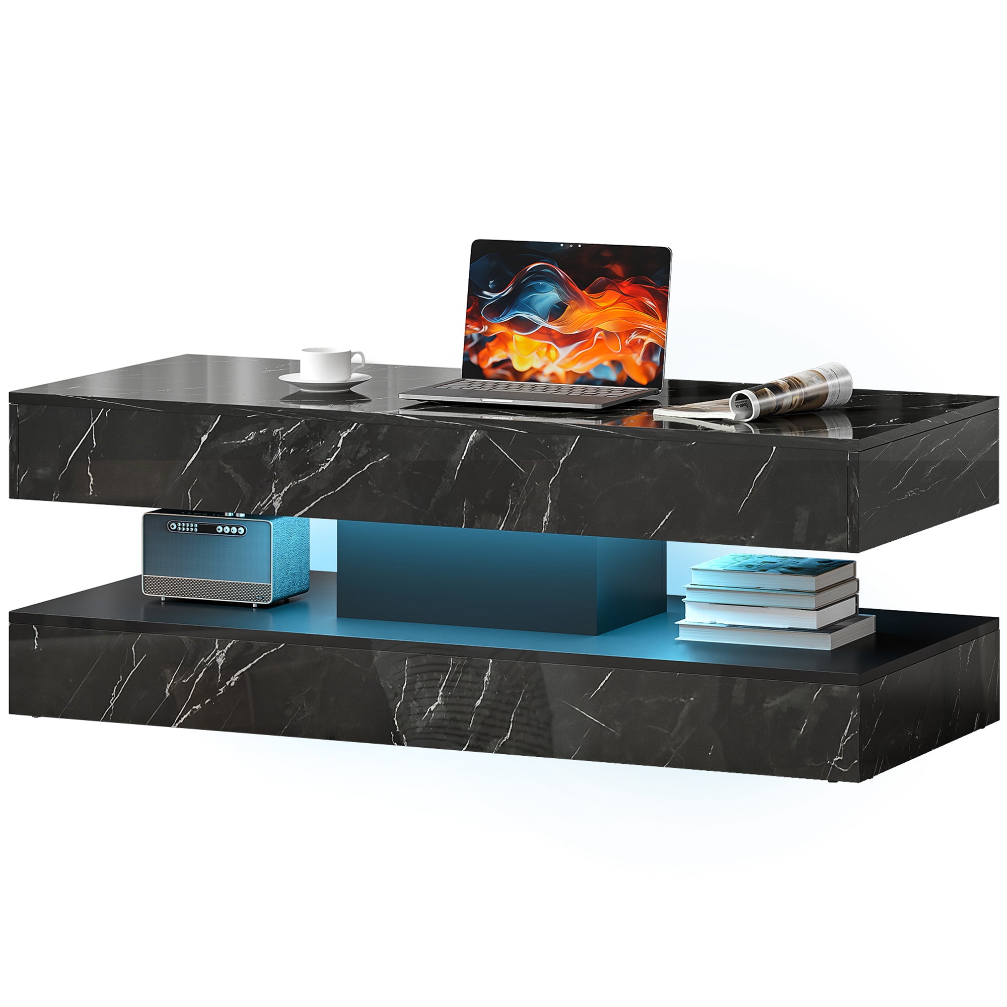 Coffee Table with Adjustable LED Lights, Center Table with 2 Drawers, Open Shelf, Remote, High Gloss Marble-Effect White
