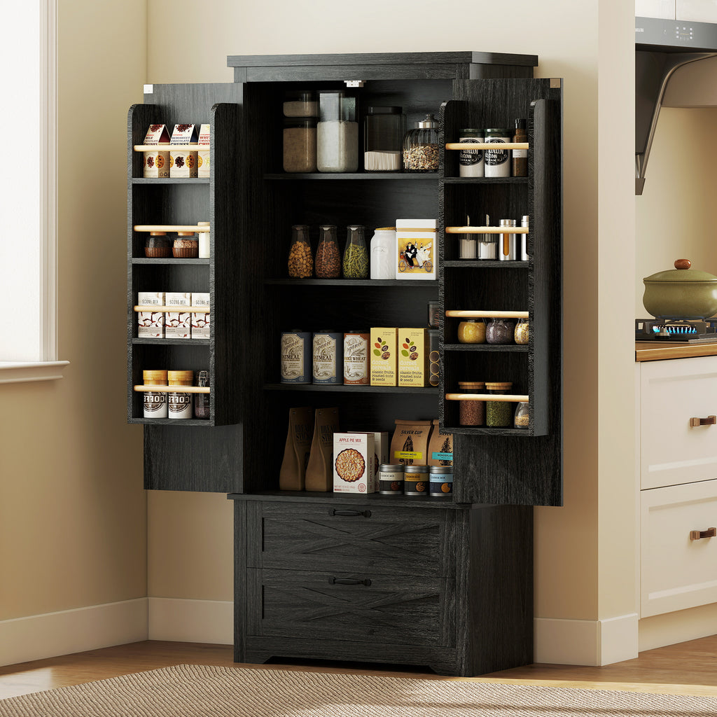 Farmhouse Kitchen Pantry Storage Cabinet, 64" Freestanding Kitchen Pantry Cabinet with Drawers, Distressed White