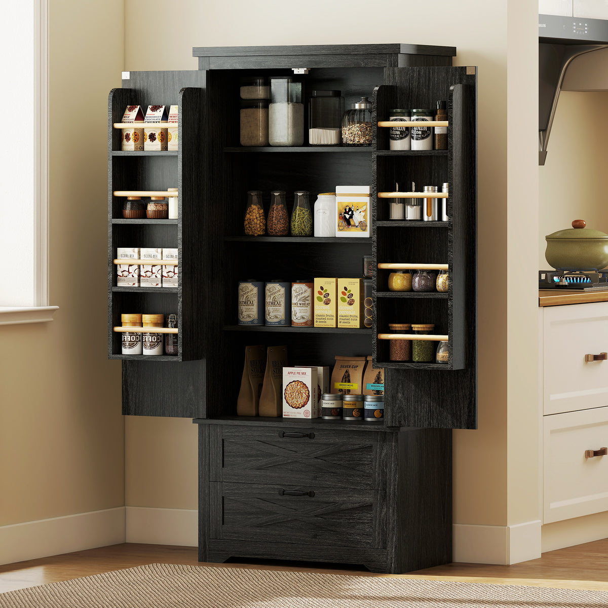 Farmhouse Kitchen Pantry Storage Cabinet, 64" Freestanding Kitchen Pantry Cabinet with Drawers, Distressed White
