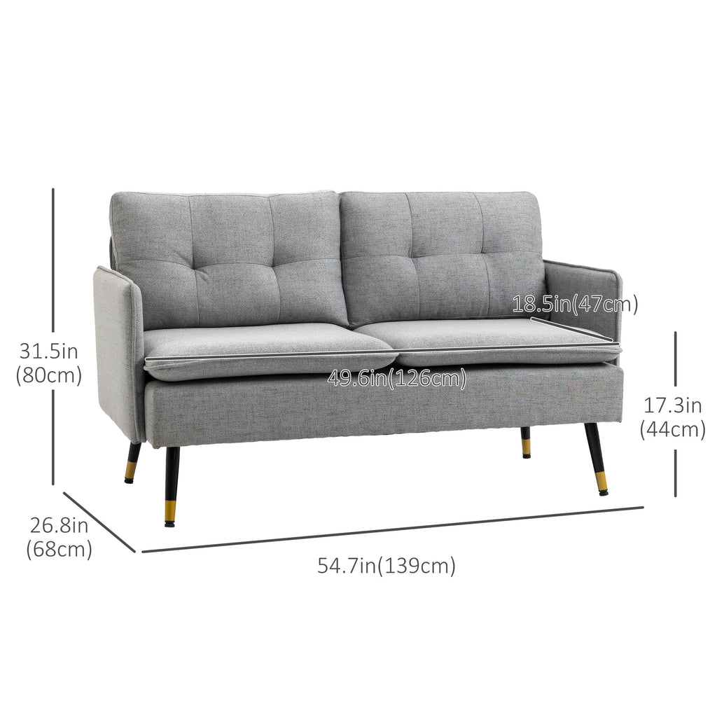 55" Loveseat Sofa, Linen Love Seat w/ S spring, Steel Legs and Button Tufting, Small Couch for Living Room, Grey
