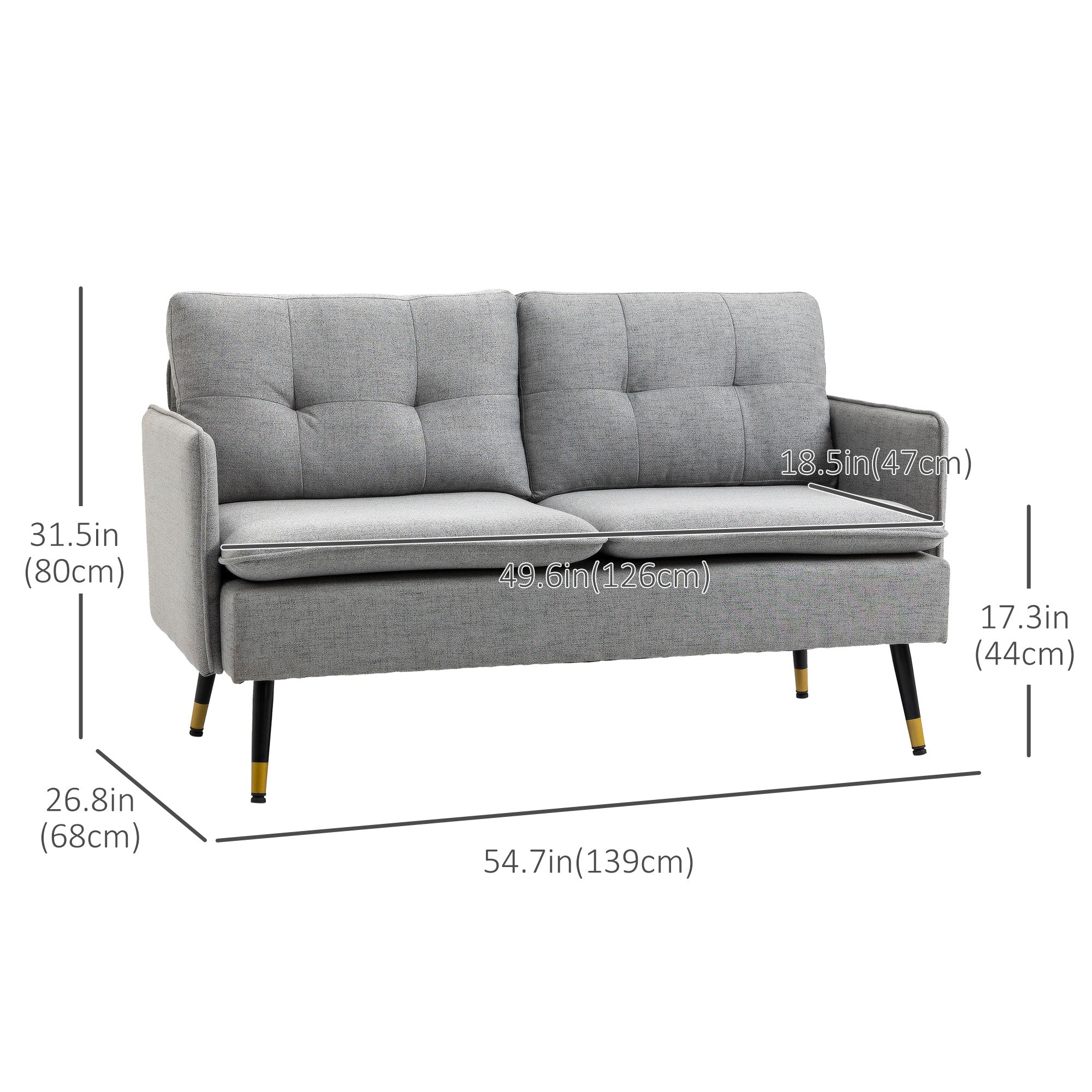 55" Loveseat Sofa, Linen Love Seat w/ S spring, Steel Legs and Button Tufting, Small Couch for Living Room, Grey