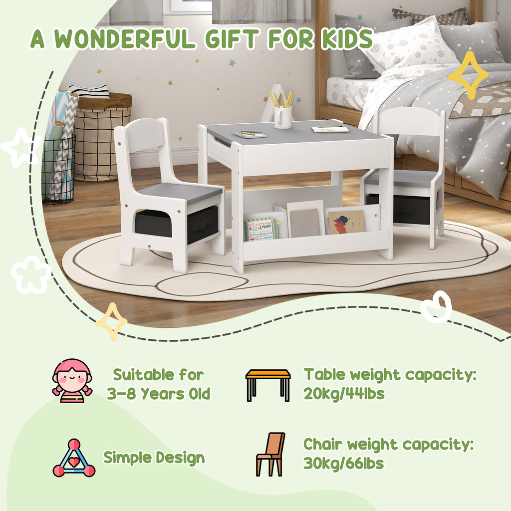 Qaba 3 Piece Kids Table and Chair Set with Reversible Tabletop, Blackboard, Storage, Bookshelf, for Playroom, Nursery, Grey