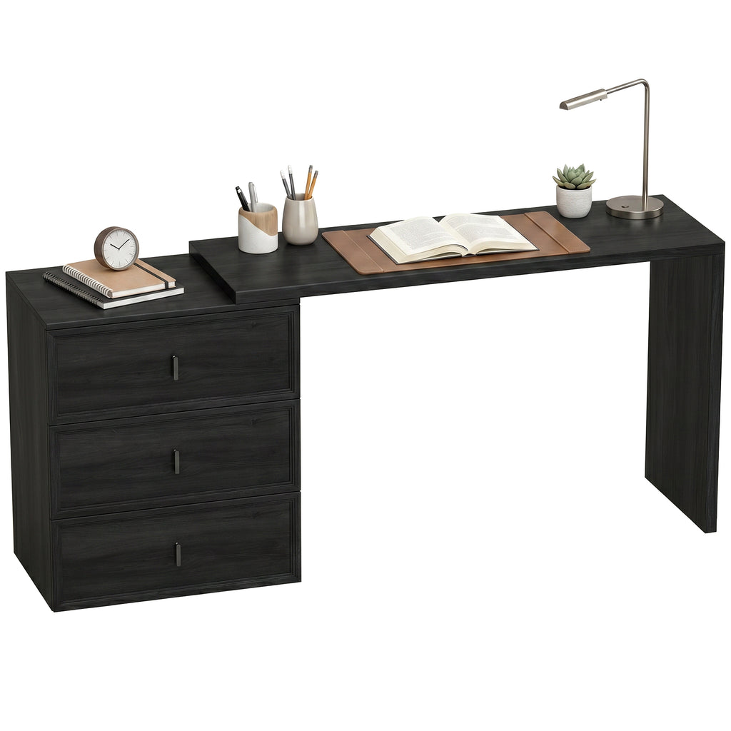 L Shaped Computer Desk Home Office Desk with 6 Drawers Black Wood Grain