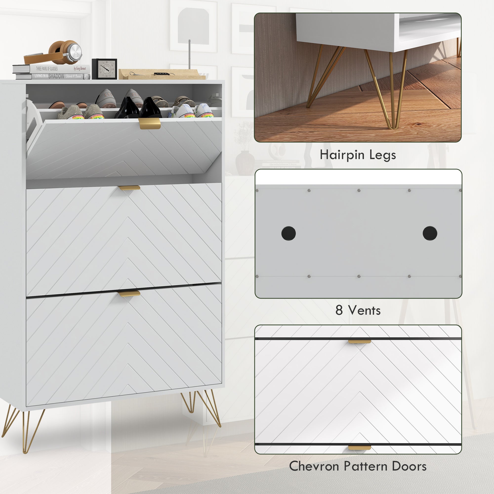 Modern Shoe Storage Cabinet with 3 Flip Drawers for 18 Pairs, Narrow Shoe Organizer for Entryway, Hallway, White