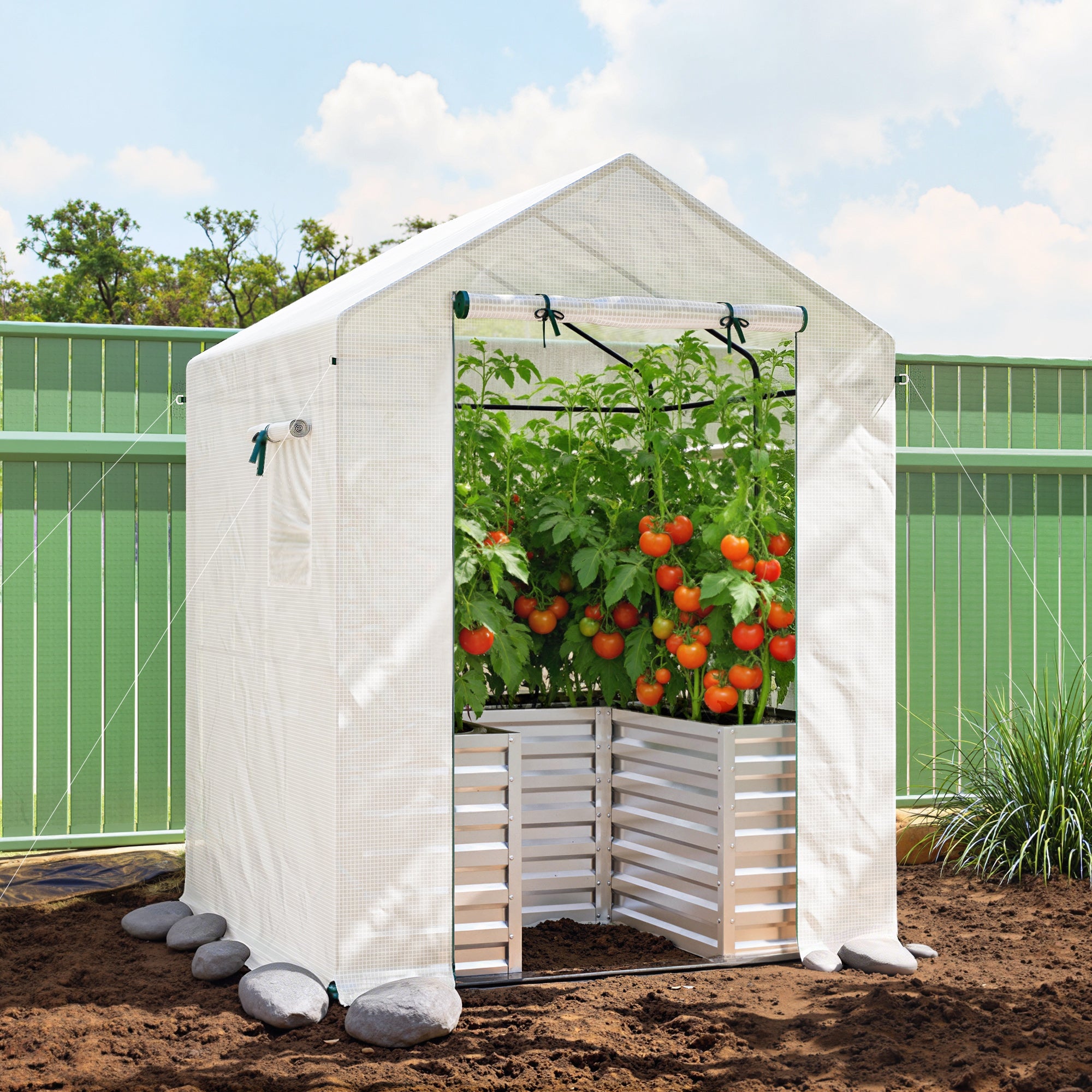 Greenhouse with Raised Garden Bed, Galvanized Metal Planter Box with PE Cover, Roll Up Door, 56" x 56" x 75", Green