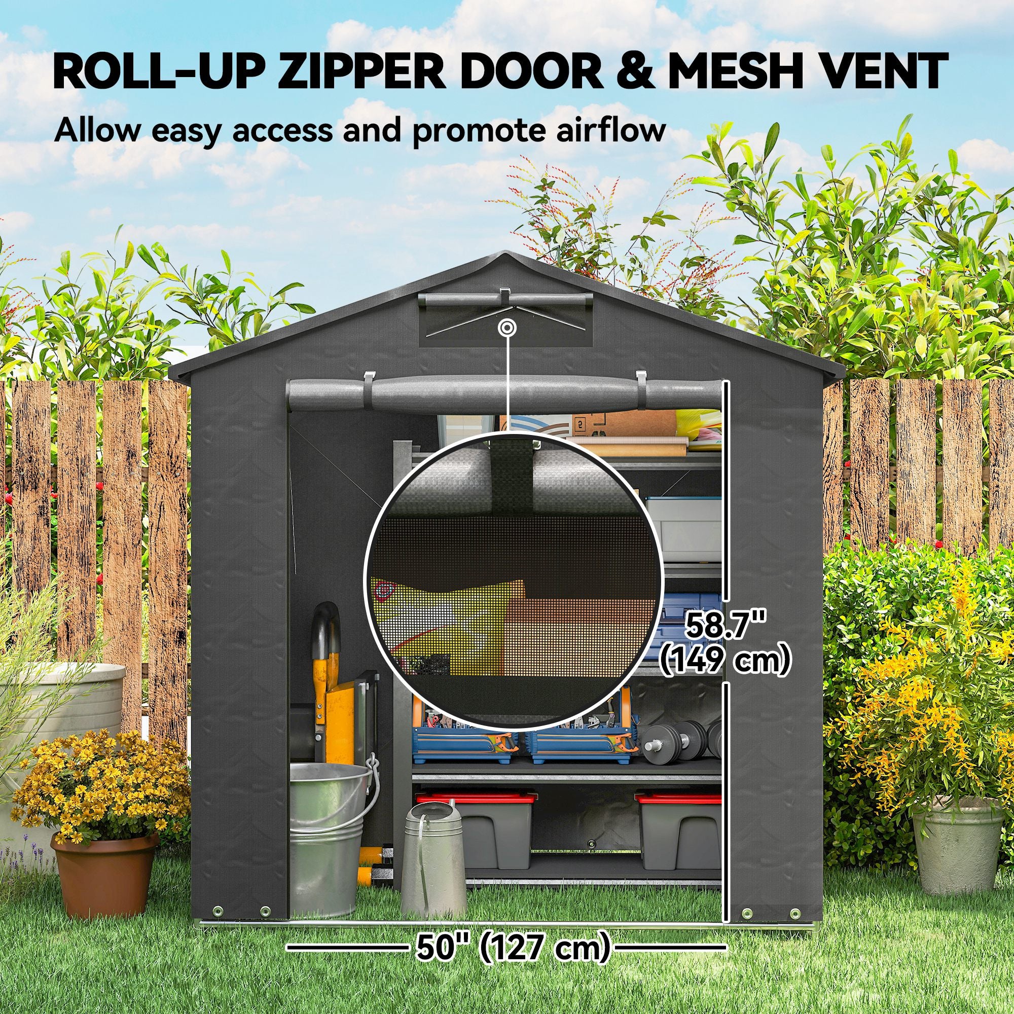 مخزن محمول مقاس 6' × 4'، خيمة دراجات مقاومة للماء مع باب ملفوف بسحاب، فتحة تهوية وإطار معدني مجلفن، رمادي داكن